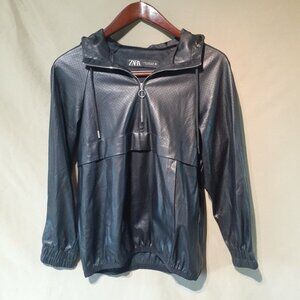 Women's Faux Leather Hooded Half Zip Perforated Kangaroo Pocket by Zara, Size XS